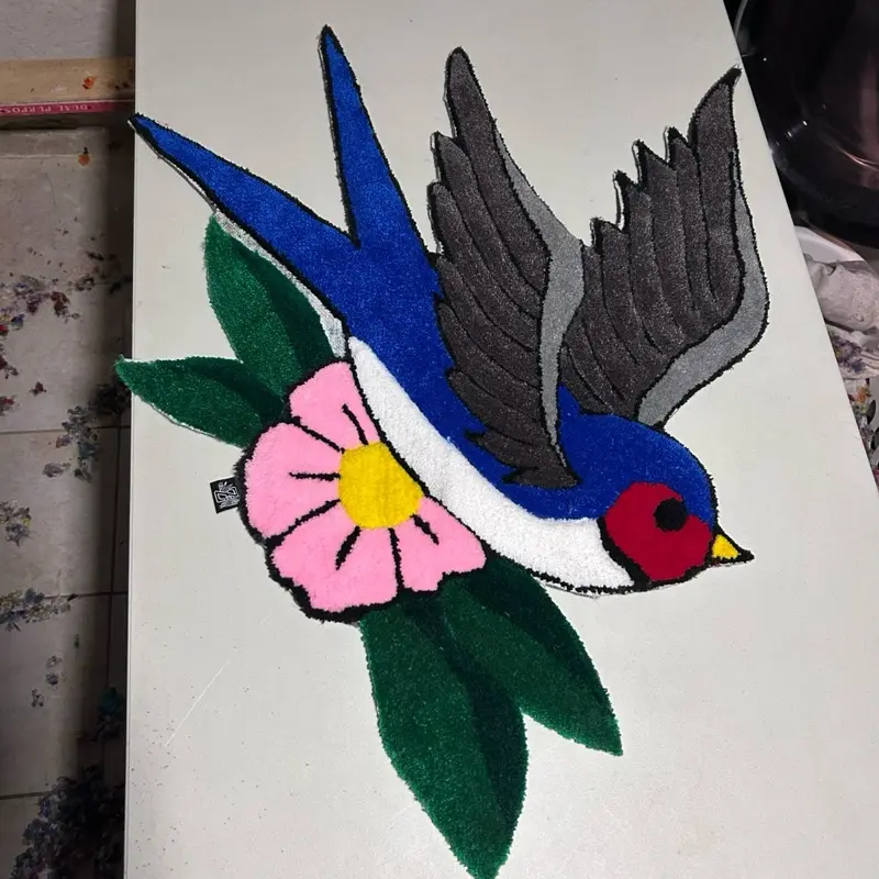 Handmade Tattoo Style Rug of a Blue Swallow 2.10ft x 2ft Acrylic Yarn Decorative Floor Mat