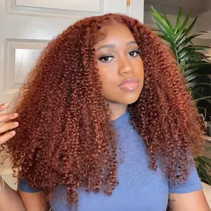 OQHAIR #33 Ginger Color Kinky Curly Glueless Wigs With Drawstring 7x5 Pre-Cut Lace Human Hair Wigs Pre-Everything Wear Go Wigs for Women Beginner Friendly Vacation Hair