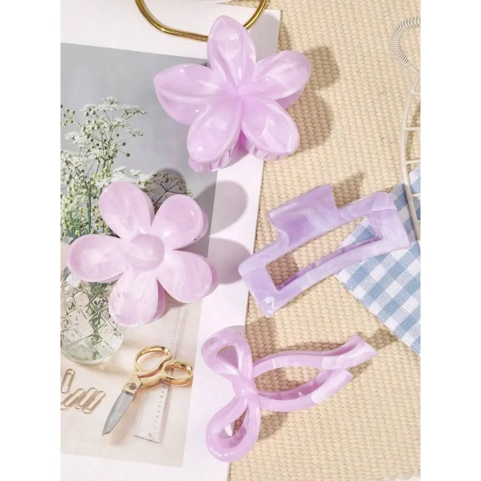 Purple 4 Piece Set of Spring/summer Bohemian Style Sweet Light Blue and White Mixed Color Marble Pattern Bow Daisy Square Hair Clips, Beach Hair