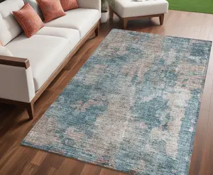 HomeRoots 564291 5 x 8 ft. Teal & Taupe Abstract Washable Non Skid Indoor Outdoor Rectangle Machine Woven Area Rug