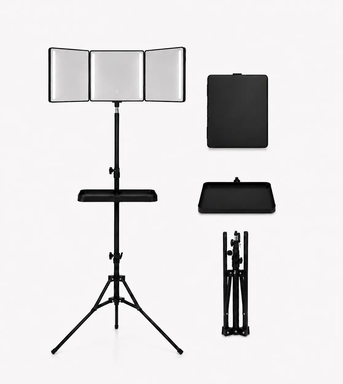 3-Way 360° LED Vanity Hair Mirror Set - Portable Multi-Angle Lightweight Haircare Tool, 4 Lights, Adjustable Tripod Stand with Clamp-On Tray, Foldable Cordless Rechargeable for Home/Travel DIY Styling & Braids