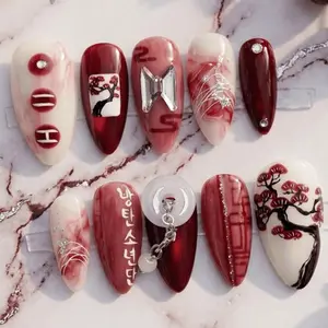 Sarahmarket Korean Arirang Red Press-On Nails, Hand-Painted Blossom Tree & Abstract Art, Deep Cherry Gloss Base, Elegant Cultural Vibes, Artistic Statement Nail Art, Concert Inspired Look, Custom Handmade Set