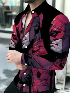 Men's Breathable Lapel Long Sleeve Comic Hero Mecha Print Cardigan