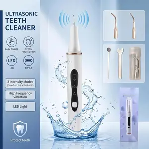 Rechargeable Ultrasonic Teeth Cleansing Device for Adults - Single Item Oral Care Kit with Replaceable Heads, Manual Auxiliary Tool, Built-in LED Light, Detachable Adjustable Design, Water Proof Feature