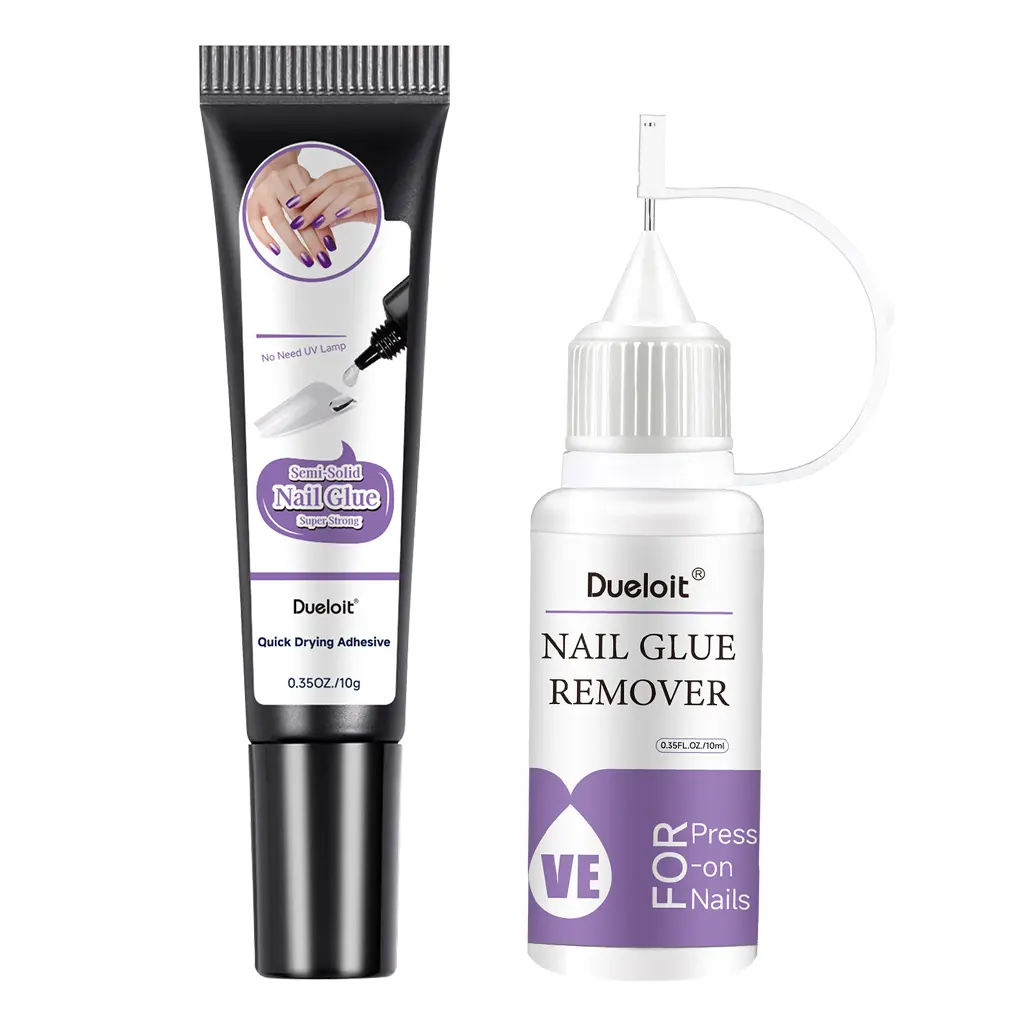 Dueloit Semi-Solid Nail Glue & Pinpoint Nail Glue Remover for Press On Set, Strong Hold Press-On Nails Kit, Easy Apply & Gentle Removal, Beginner Friendly