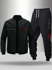 Men's Paris letter pattern colorful striped print bomber jacket with elastic waistband jogger pants two-piece set suitable for spring and autumn casual outdoor daily wear