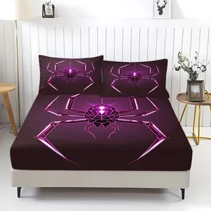 Purple Neon Geometric Spider Print Fitted Sheet Set, Edgy Cyberpunk Themed Bed Sheet Set, Premium Soft Bed Sheet Set Includes 2 Pillowcases - without Core, with Glowing Purple Spider Accents, Ideal for Bedroom & Alternative Home Decor, Bedset