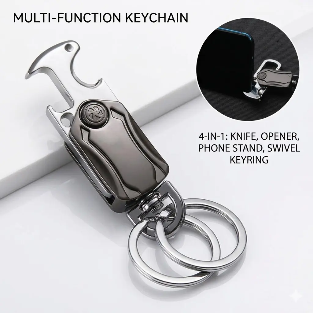 1pc Multi-function Spinner Keychain, 4-in-1 with knife, bottle opener, phone stand, swivel key rings for daily outdoor household use