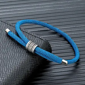 Simple Style 4MM Blue Nautical Adjustable Rope Bracelet Mens Women Couple Stainless Steel Vintage Viking Beads Jewelry