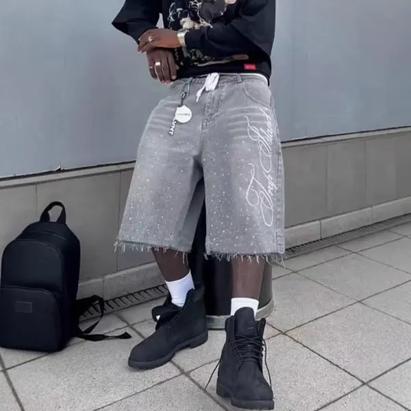 Y2K Streetwear Rhinestone Denim Shorts Oversized Gray Baggy Letter Print Jorts for Men Women