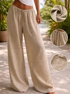 Womens Beige Linen Wide Leg Pants High Waist Drawstring Loose Fit Casual Trousers Breathable Lightweight Summer Vacation Beach Resort Lounge Daily Wear Flowy Straight Leg Comfortable Relaxed Style