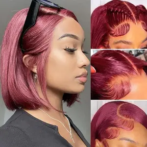 99J Burgundy Bob Wig Human Hair 10 Inch 13x4 HD 99j Burgundy Bob Lace Front Wigs Human Hair Wear and Go Glueless Wig with Babyhair Wine Red Colored Hd Lace Frontal Wigs For Black Women, Bob Cut
