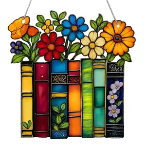 Book Lovers Gifts for Women, Valentines Day Gifts for Teacher, Librarian, Reader, Bookworm, Book Ornament Faux Stained Glass Window Hanging, Bookish Gifts Stocking Stuffer Decor (Floral Shelf)