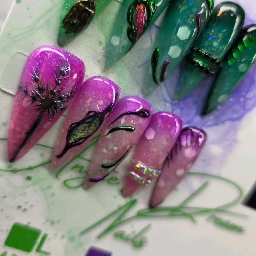 Angies Dream Nails Acrylic Press Ons Size L 0 4 3 5 7 Stiletto Pink and Green with Unique Glitter Design