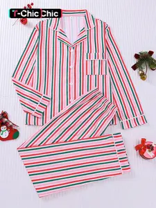 2-piece set full of pink, white, green, and red striped printed long sleeved pants, soft, comfortable, skin friendly, smooth top, small pocket, button closure, elastic waistband, suitable for all seasons home, casual wear, pajamas, Loungewear