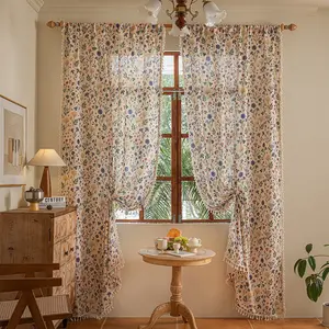 French Country Floral Cotton Linen Curtains 2pcs 200gsm, Thick Durable Digital Print, Rod Pocket Easy Install, Semi-Opaque Light Filtering