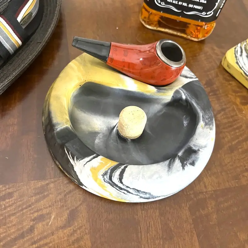 Yellow Marbled Concrete Pipe Ashtray with Cork Knocker
