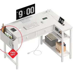 White L Shaped Desk with Drawers & Storage Shelves, 40 Inch Small Corner Desk with Power Outlet for Small Space Home Office, Study Work PC Desks for Bedroom, Get Free Gift