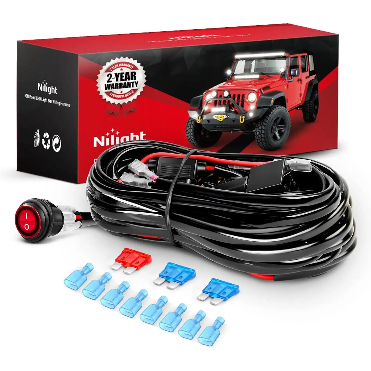 Nilight Automotive LED Light Bar Wiring Harness Kit - 16AWG Wire, 12V Waterproof 3-Pin Rocker On-Off Switch, Power Relay, Blade Fuse, 4 Leads, Circuit Protection for All Vehicles Night Driving, Rocker Switch, 3 Pin On/Off Rocker Switch