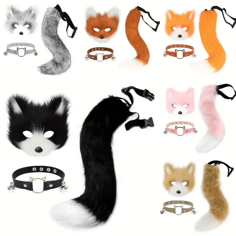 Faux Fur Fox Mask Wolf Cat Fluffy Tail and Necklace Set Halloween Party Cosplay Costume Accessory