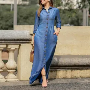 Autumn Elegant Women's Denim Dress Long Sleeve Buttons Shirt Long Dress Female Fashion New Elegant Casual Ladies Clothes Womenswear Gamis