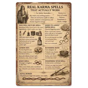 Real Karma Spells That Actually Work 8x12 Inch Aluminum Metal Sign - Mystical Wall Decor for Witchy Room, Pagan Altar, Spell Book Nook - Retro Tin Sign Gift for Witches, Pagans & Karmic Magic Fans