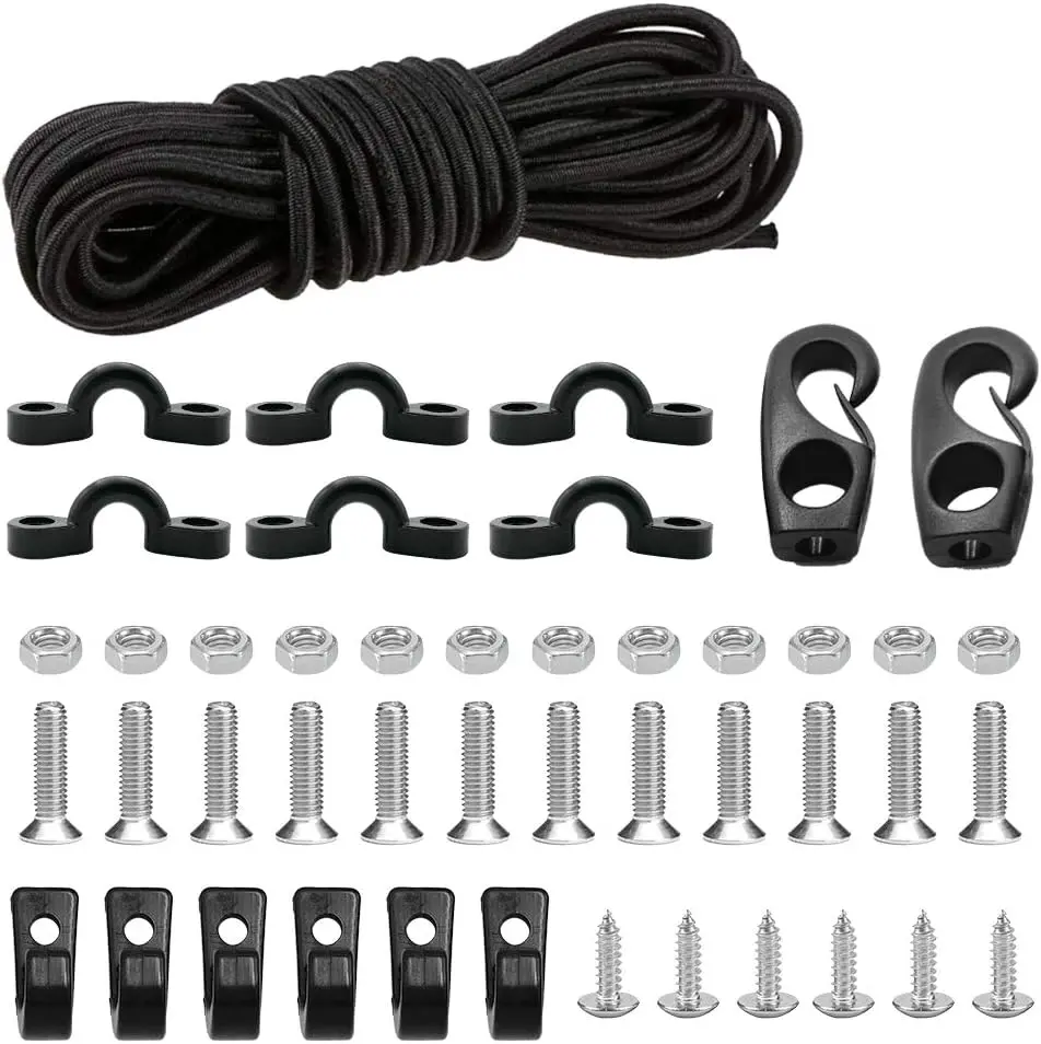 Sports Kayak Deck Rigging Kit 8 Feet Bungee Cord with Bungee Cord Ends Hooks| and Tie Down Pad Eye with Screw and 6 J-Hooks for Kayak Boat Canoe Accessory Outfitting Fishing Storage Bungee Kit