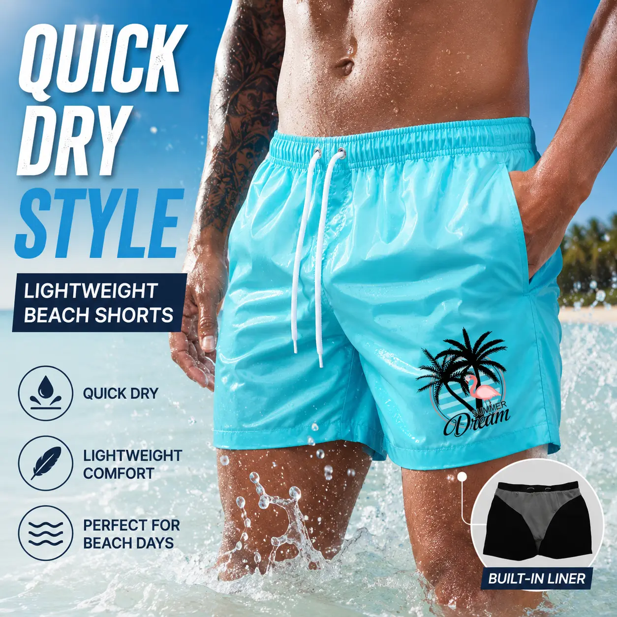 Men’s Flamingo Swim Trunks with Built-In Liner, Quick Dry Hawaiian Beach Shorts, Elastic Waist Vacation Shorts