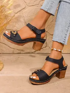 Women's Summer High Heel Sandals, Round Toe Lightweight Comfortable Fish Mouth Design, Casual Outdoor Wear, European Style, Chunky Heeled Sandals