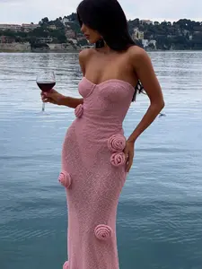 Women's Rose Bustier Long Dress, Sexy Slim-Fitting Evening Gown, Luxurious Vacation Style, Unique Design, Sleeveless