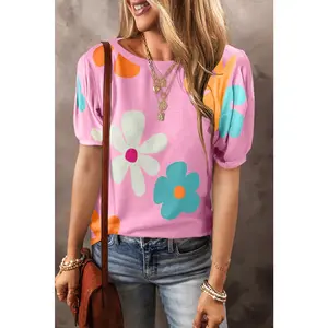 Macy Flower Print Bubble Sleeve Tee - Elegant Bubble Design with Floral Elements - Ideal for Spring and Summer Wear