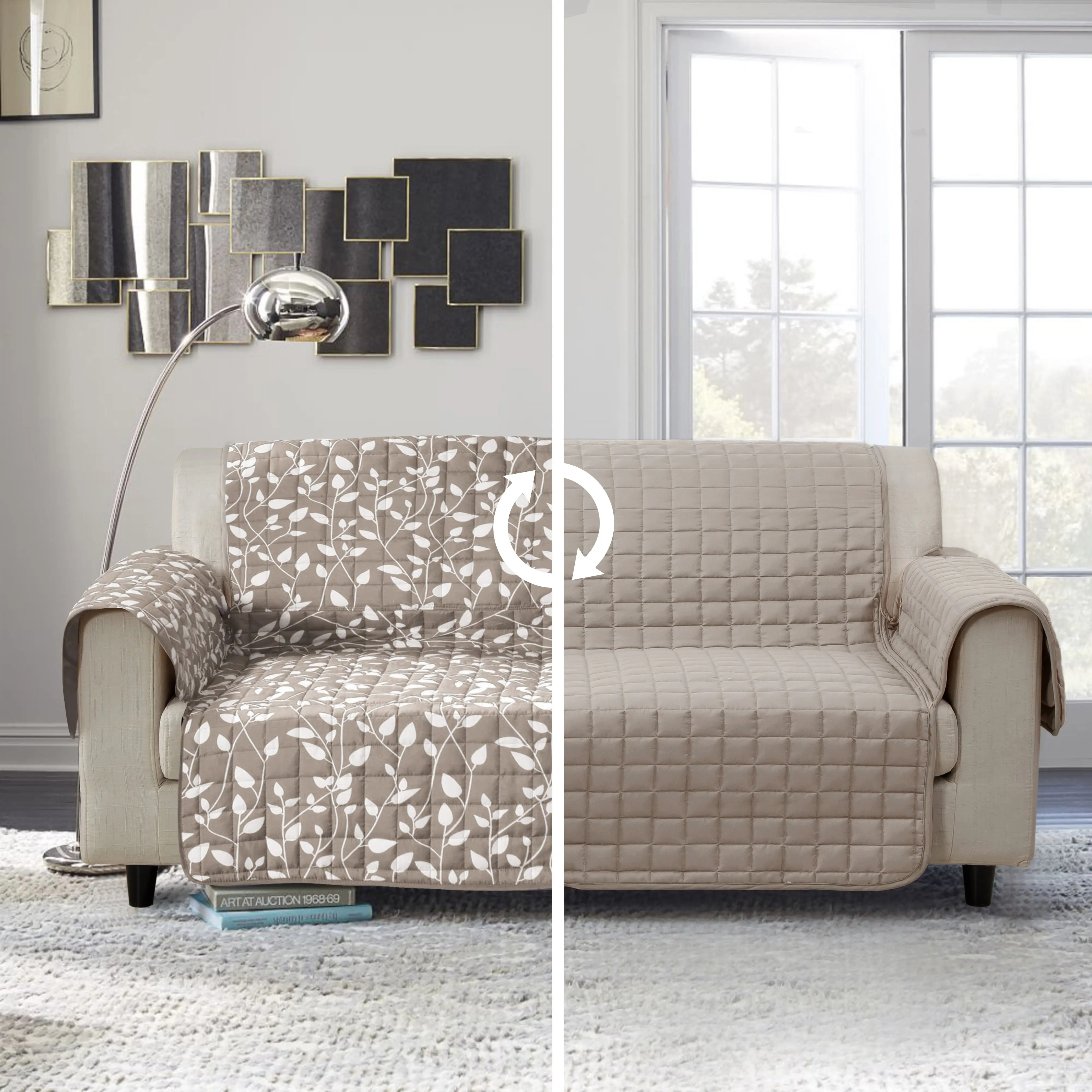 MOCASSI Reversible Leaf Design Sofa Cover - Hotel Premier Cozy Touch Smart Furniture Protector, Washable Wrinkle-Resistant Sofa Couch Slipcover