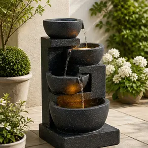 ARCH 29-Inch LED Outdoor Water Fountain with Cascading Bowls & Stacked Stones, 4-Tier Resin Garden Fountain for Patio, Backyard, Porch, Black & White Print, ETL Certified, 110V-120V, Serene Waterfall Decor for Outdoor Living Spaces, Easy Assembly