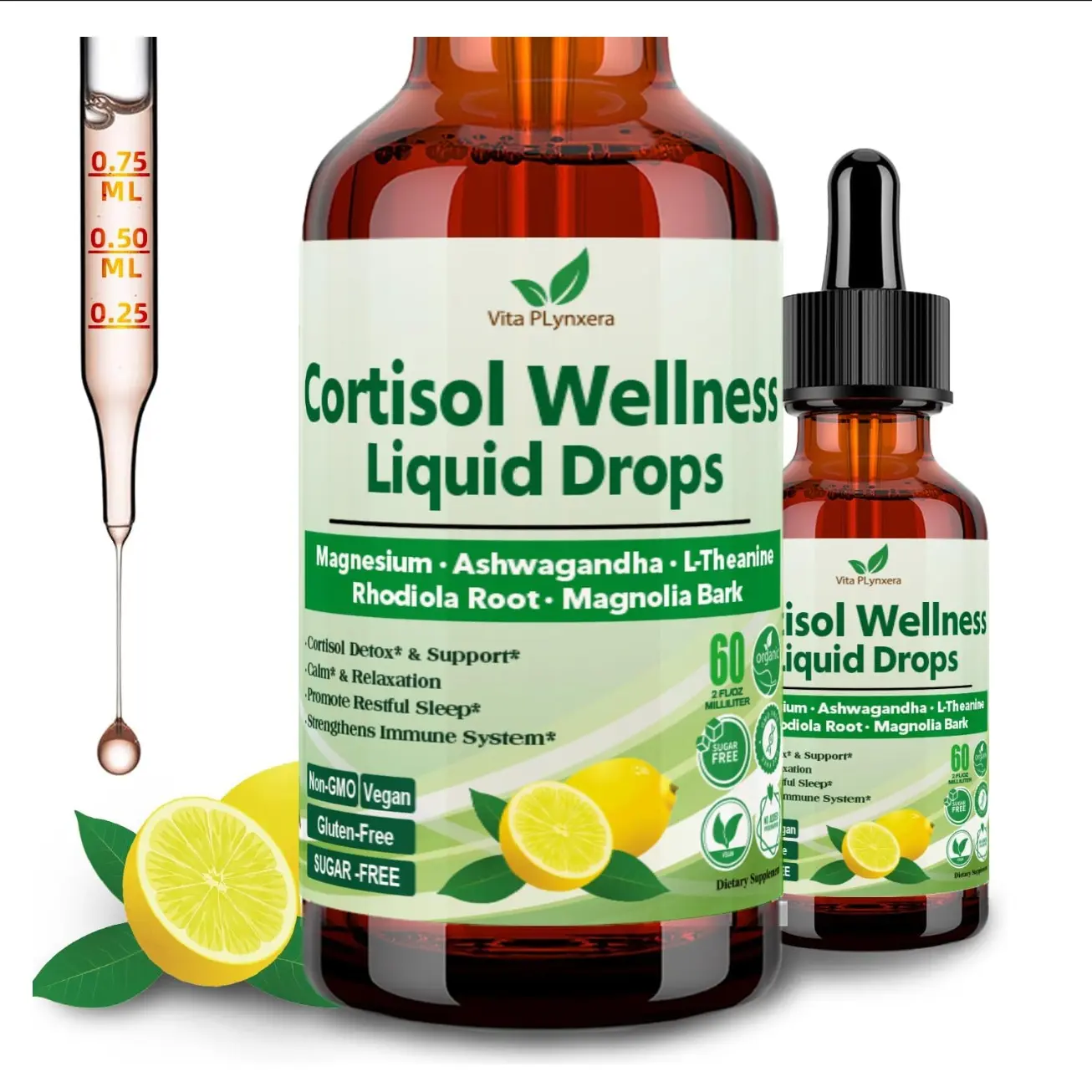 Vita PLynxera Natural Vitamin Dietary Cortisol Supplement Liquid Drops - 17-in-1 Detox with 400mg Magnesium Glycinate, Ashwagandha, L-Theanine, Phosphatidylserine, Women's Hormone Balance, Mood Focus, Sleep Support, Prop 65 Safe