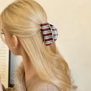 1pc Korean Version Blue Coffee Striped Hair Claw for Women, Retro Acrylic Clip for Back Head, High-End Versatile Ponytail Holder for Daily School Fall Winter Gift