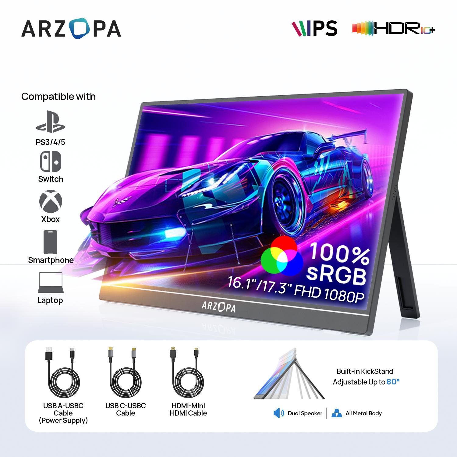 ARZOPA Portable Monitor 16.1"/17.3" FHD 1080P 60Hz/144Hz Laptop Screen Extender for PC Mac Xbox Switch PS5 iPhone IPS Di