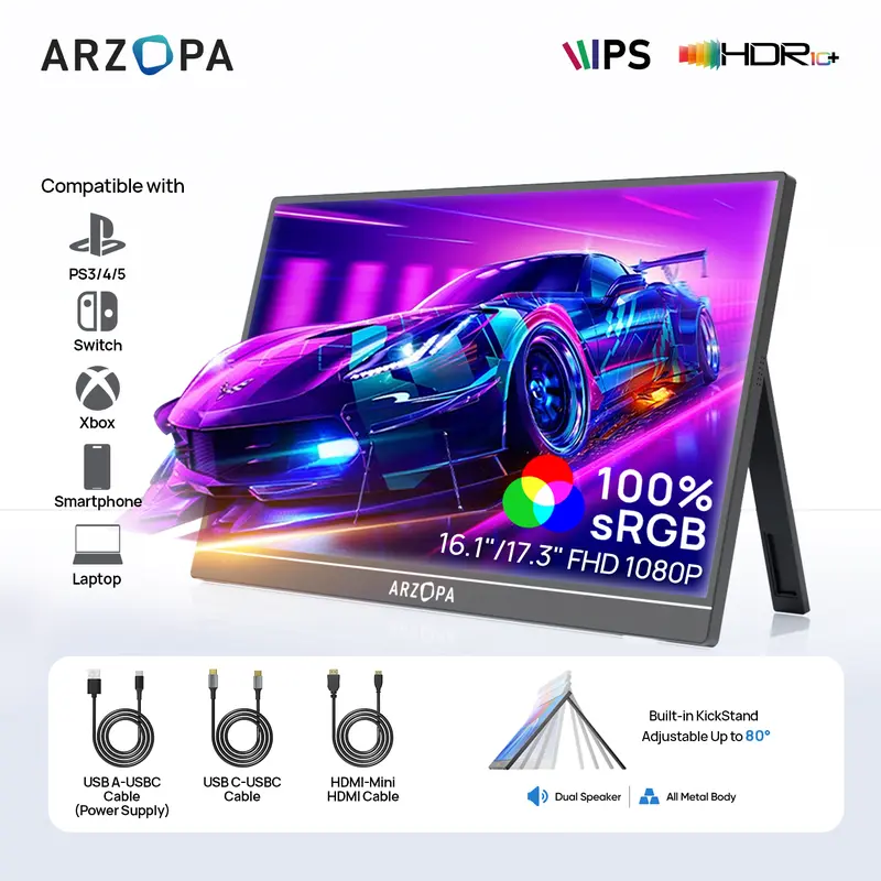 ARZOPA Portable Monitor 16.1"/17.3" FHD 1080P 60Hz/144Hz Laptop Screen Extender for PC Mac Xbox Switch PS5 iPhone IPS Display Computer Display HDR External Screen Game Workfromhome 0