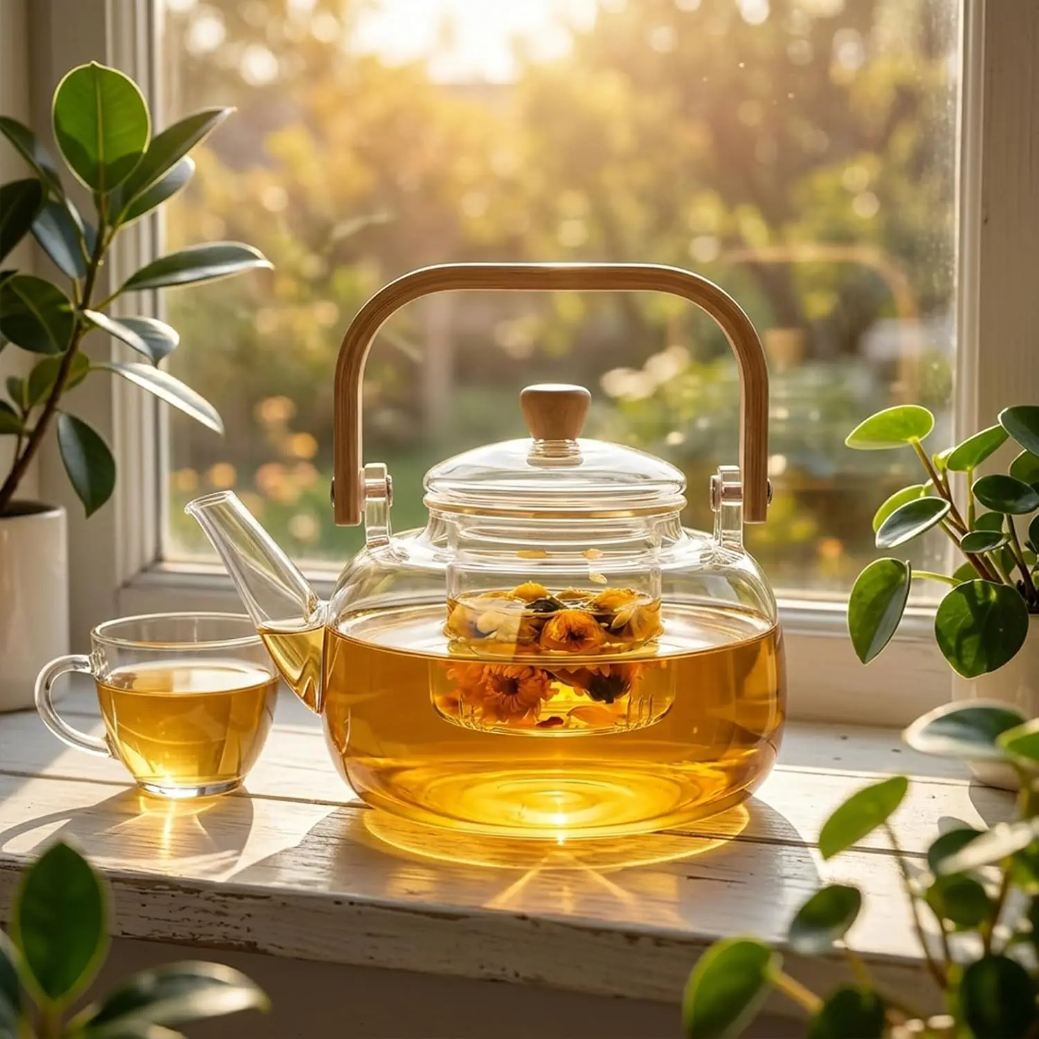 1000ml (33.8oz) Modern Borosilicate Glass Teapot with Wooden Handle Grip, Stovetop-Safe Kettle with Removable Infuser for Blooming & Loose Leaf Tea, Home Use
