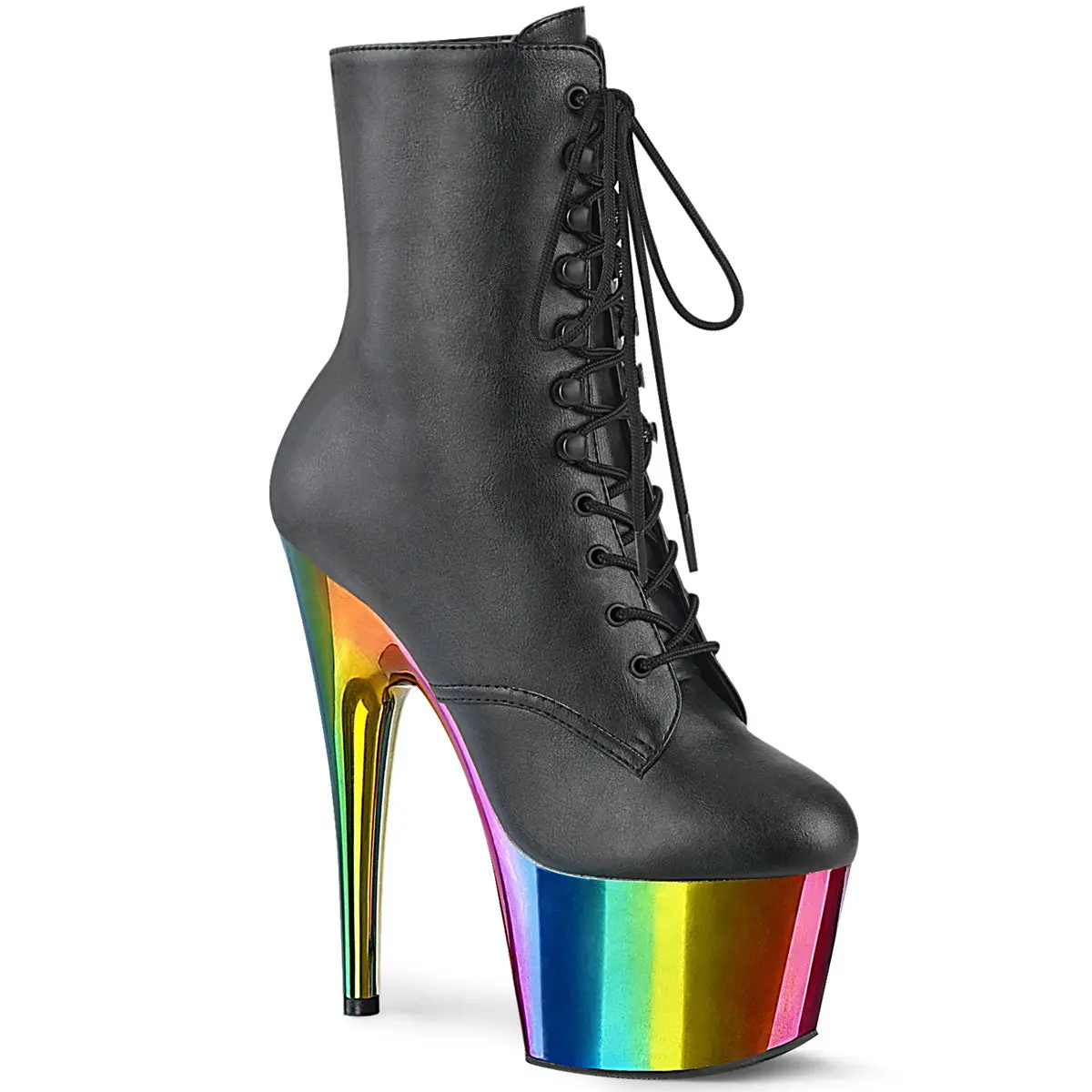 Women's Lace Platform Heel Boots - 7 in Heel, ADORE-1020RC, Black PU, Rainbow Chrome Accents, Boot