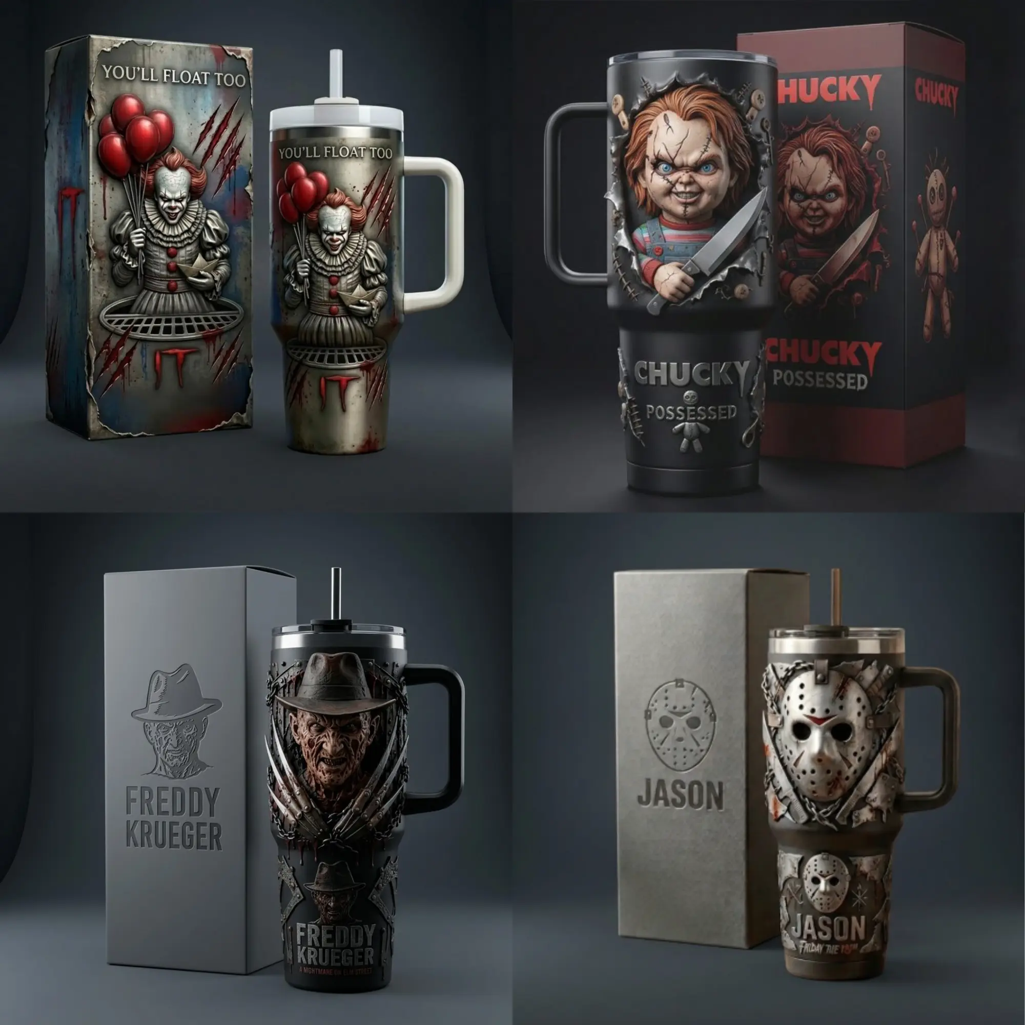 Horror Movie Collection: Chucky Possessed Child’s Play - Jason Voorhees Friday the 13th - IT Pennywise - Freddy Krueger Horror Movie 20oz 40oz Stainless Steel Tumbler with Handle and Straw | Stainless Steel Insulated Travel Mug | Horror Movie Lover Gift
