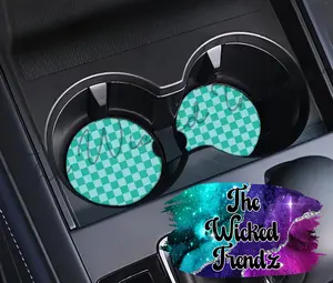Cute Car Coasters Set of 2 Teal Checkered Print Retro Cute Car Truck Accessories Decor Cup Holder New Car Gift Car Decoration Women Men Girl Car