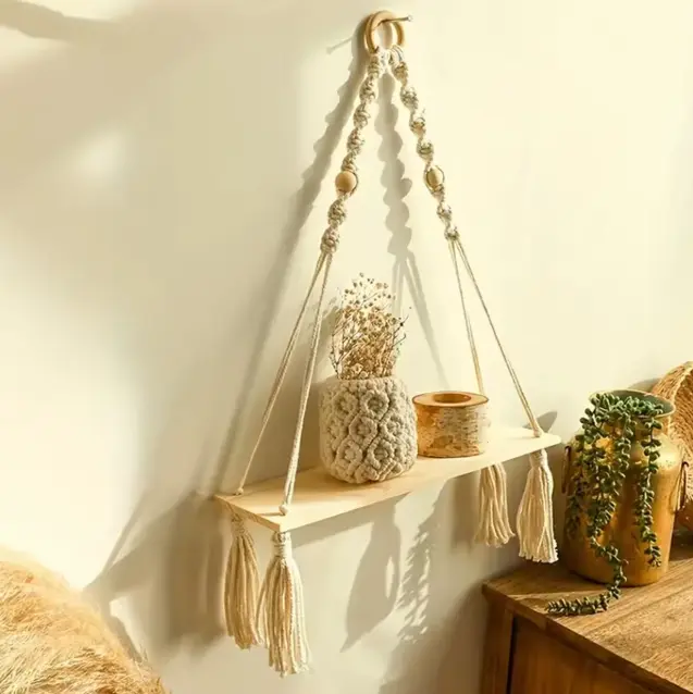 Macrame Hanging Shelf Boho Wall Decor Bedroom 1 PC Rustic Wood Floating Shelves for Room Nursery Bathroom Living Room College
