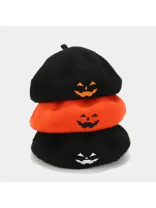 Hot-selling Skull Embroidered Halloween Hat Women's Trendy Individual Wool Beret Orange Pumpkin Hat