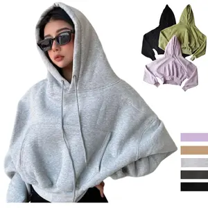 Women's Sporty Oversized Fleece Crop Hoodies, Plain Casual Warm Thick Hooded Jacket for Outdoor Wear