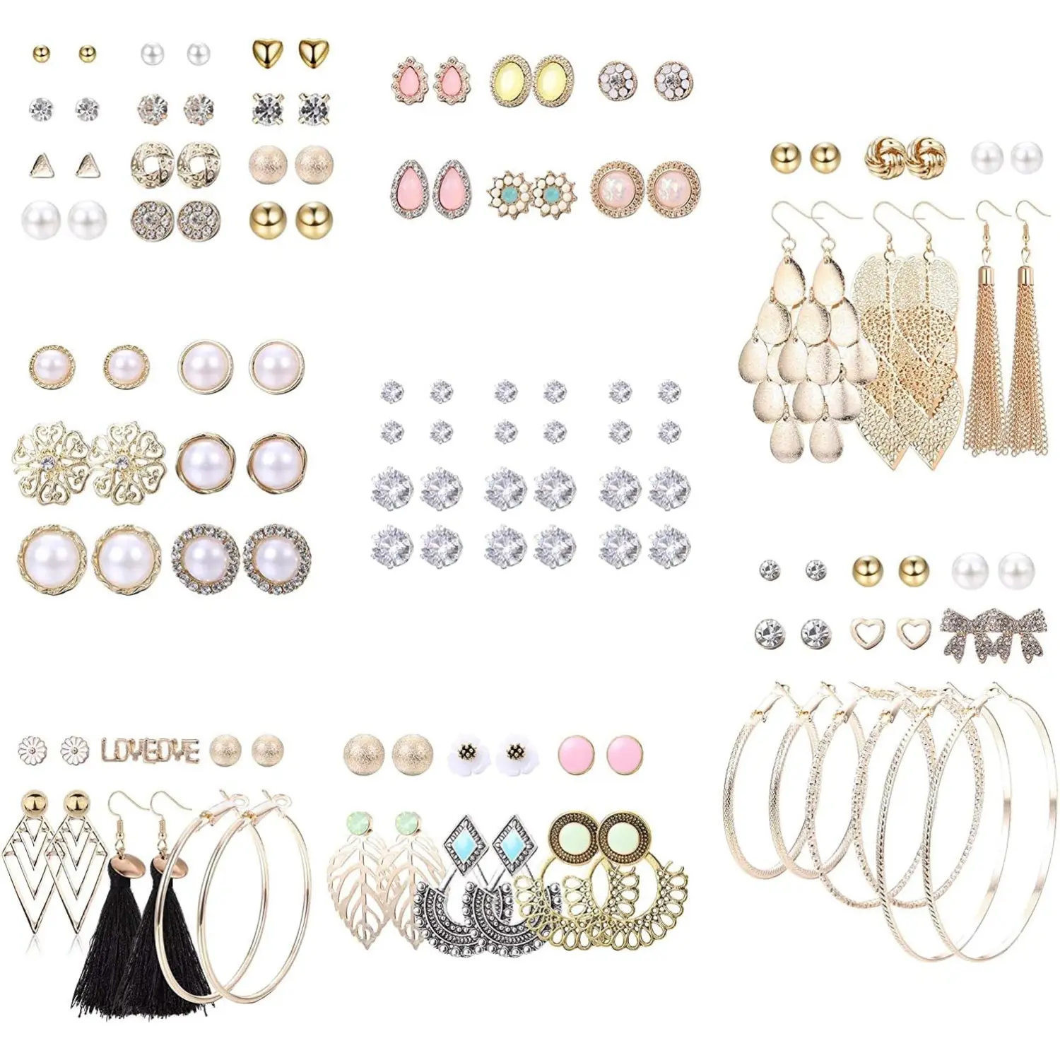 Sanfenly Women's 63-Pair Daily PU Leather Costume Earrings Bundle - Expressive Studs, Flower, Big Hoop, Moon, Geometric, Leaf, Arrow, Bow, CZ, Tassel, Ball, Heart, Faux Pearl Designs for Daily Wear, Expressive Earrings, Bundle Earrings Magnetearrings Vers