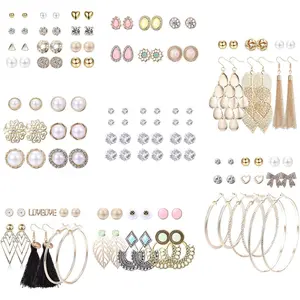 Sanfenly 63 Pairs Assorted Multiple Stud Earrings for Women Simple Cute Flower Big Hoop Earrings Moon Geometric Leaf Arrow Bow CZ Tassel Ball Heart Faux Pearl Earrings Set