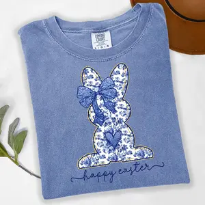 Comfort Colors Toile Easter Bunny Shirt, Blue Chinoiserie Bunny Tee, Cottagecore Easter Shirt for Women, Spring Bunny Graphic Tee, Easter Gift