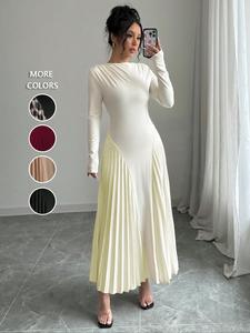 women's boat neck pleated a line dress, minimalist elegant long sleeve ruched long dress for party holiday wedding guest, ladies spring & fall clothes, formal womenswear