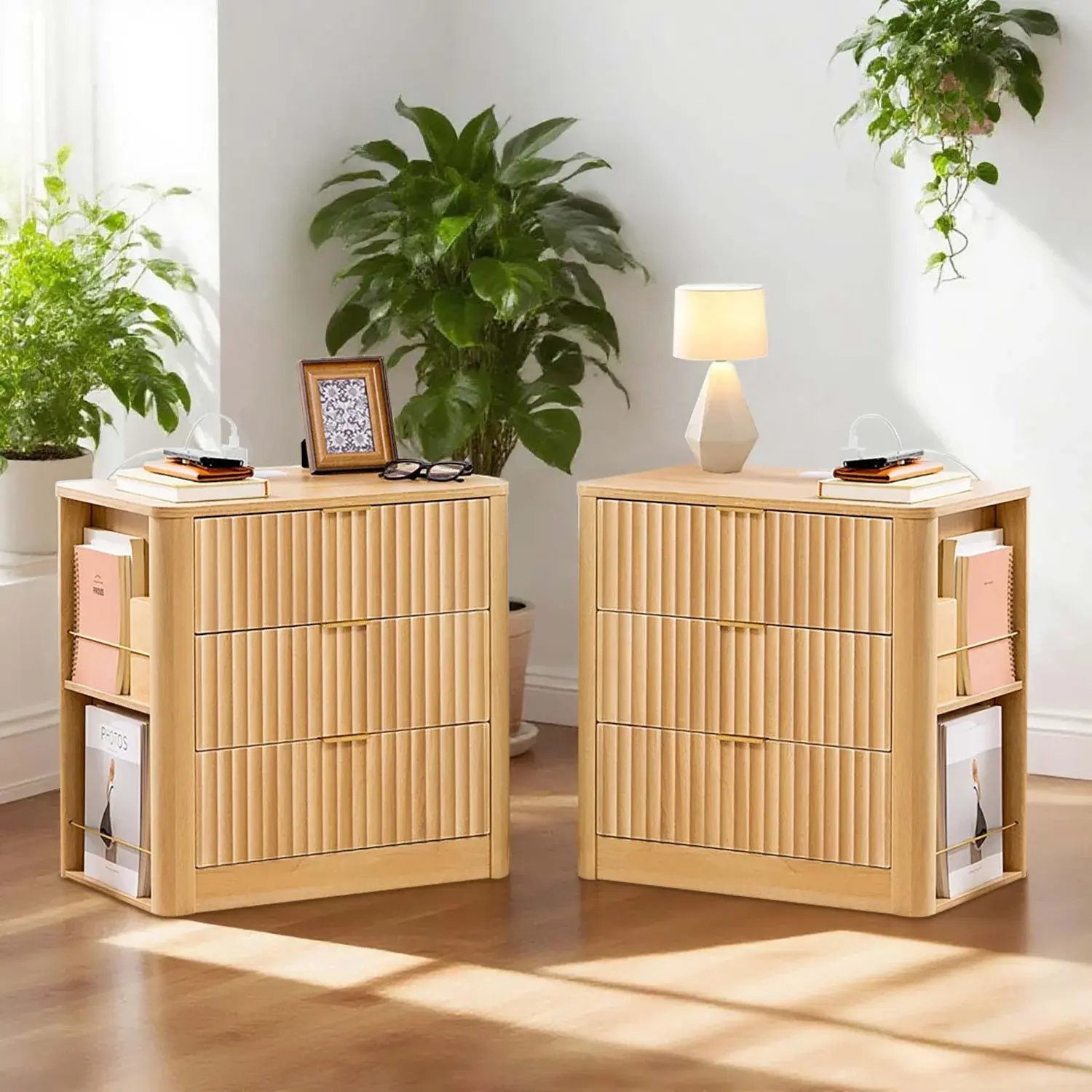 SIKAIC 2-Pack Fluted Nightstand Set with Charging Station, Natural Oak Bedside Tables with Storage Drawer for Bedroom Furniture