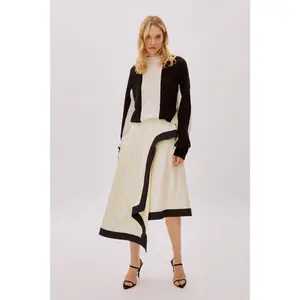 Kayra Yellow and White Cotton Striped Skirt